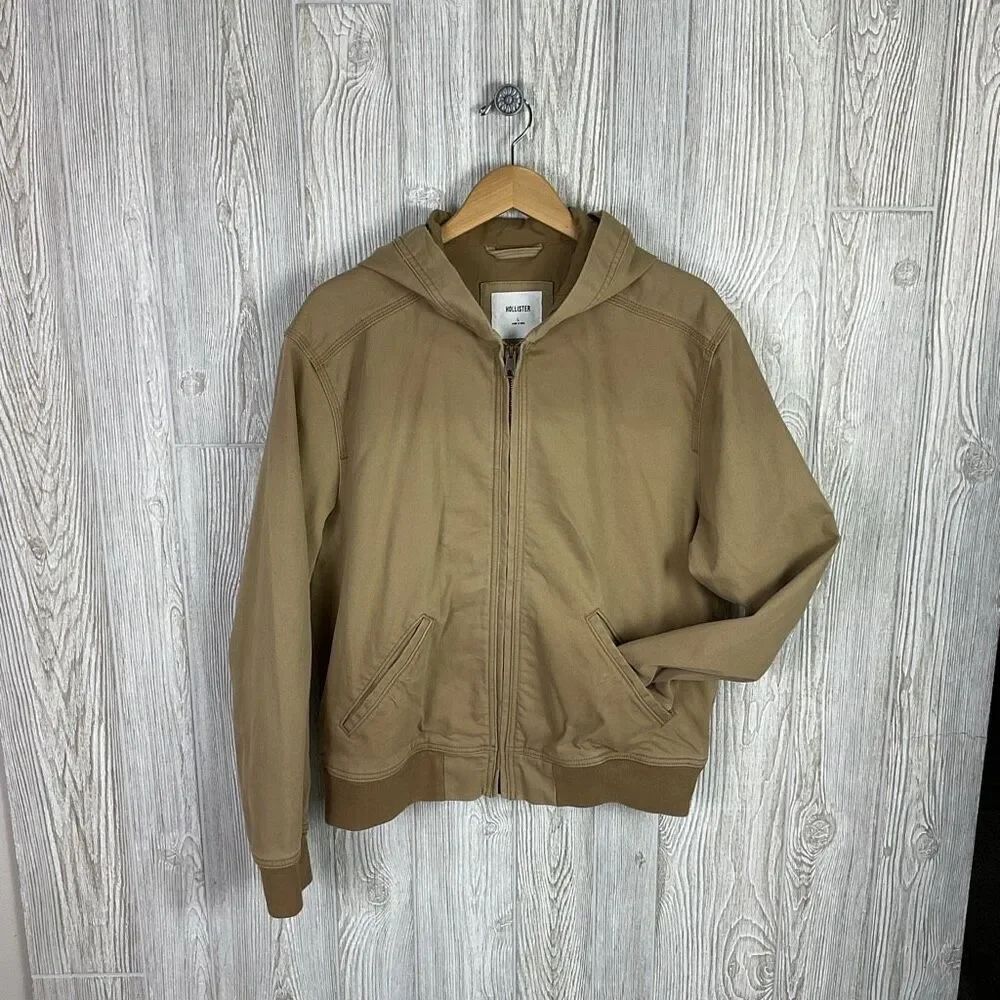 NWT Hollister Hooded Bomber Jacket Men’s Large Kelp Brown Full Zip Utility Lined